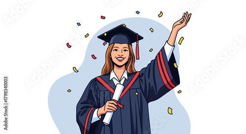 Illustration of a happy graduate in cap and gown celebrating with confetti.