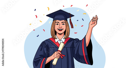 A happy graduate in a cap and gown, holding a diploma, celebrating with confetti.
