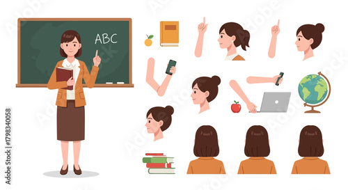A female teacher stands in front of a blackboard with ABC written on it, surrounded by various teaching-related elements and character customization options.