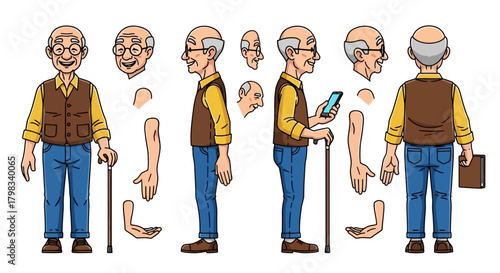 Cartoon illustration of an elderly man with various poses and body parts.