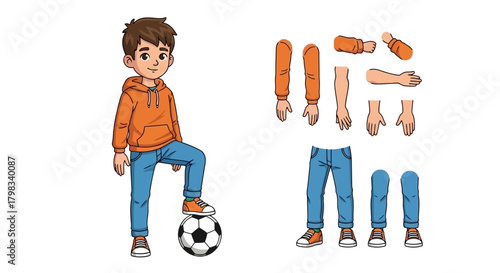 Cartoon boy character in an orange hoodie with a soccer ball, with separate body parts for animation.