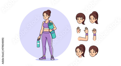 A cartoon illustration of a woman in purple athletic wear holding a yoga mat and water bottle, with various interchangeable character parts.