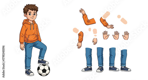 Illustration of a young boy with a soccer ball and separate body parts for animation.