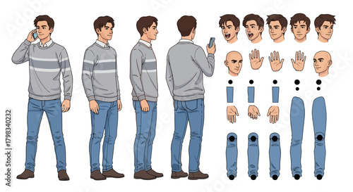 Male character sprite sheet with various poses, expressions, and body parts for animation or game design.