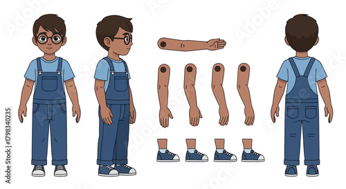 Character design sheet of a young boy with glasses and overalls for animation.