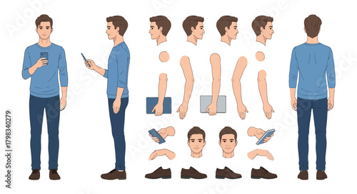 Illustration of a man in various poses, holding a phone, with separate body parts.
