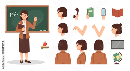 Illustration of a teacher standing in front of a chalkboard with various related objects.