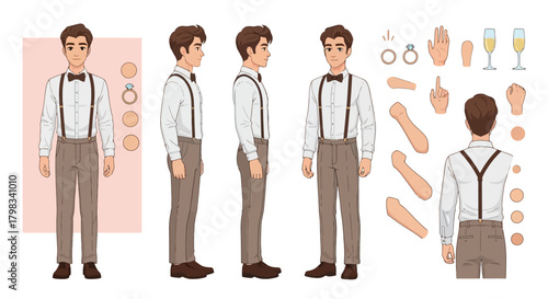Male character creation kit with dress shirt, bow tie, pants, and a range of customization accessories