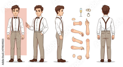Young man with suspenders and bow tie character design for animation with arm and foot variations