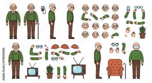 Cartoon Character Design Elderly Man with Various Poses, Expressions, and Accessories