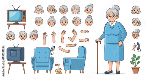 Cartoon Old Woman Character Kit with TV, Armchair, and Expression Variations