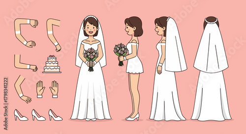Bride Character Design Sheet Animated Woman in Wedding Dress with Arms, Shoes & Hands Set