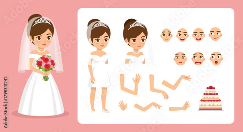 Bride Character Creation Kit with Poses, Facial Expressions, Cake Icon