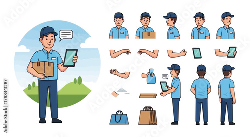 Delivery Man with Parcel and Touch Screen Device Set for Character Animation