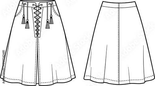 A-line lace-up skirt technical flat sketch, detailed CAD drawing vector of front and back view, fashion apparel design illustration