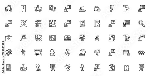 Business meeting icon set. Vector illustration. Incldes symbols for discussion presentation, video call,teamwork, contract, agenda and more. Editable stroke
