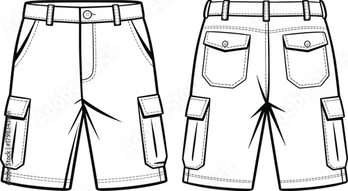 Cargo shorts technical flat sketch, detailed CAD drawing vector of front and back view, apparel design, clothing pattern illustration