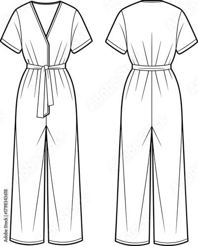 Elegant women’s jumpsuit technical flat sketch, detailed CAD fashion vector illustration showing front and back view with belt and short sleeves design