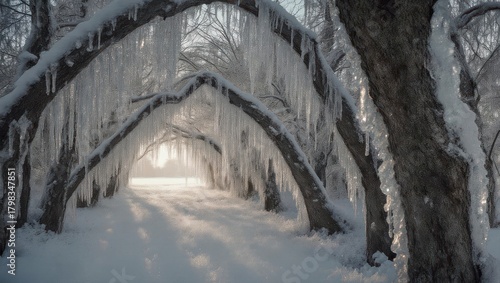 Enchanting Winter Tunnel of Ice-Covered Trees and Icicles.