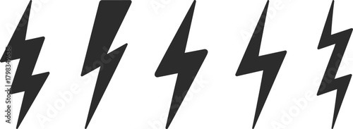 Black lightning bolt vector set with five unique thunder shapes for energy, electricity, storm, tattoo, icon, and graphic design