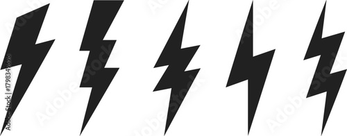 Black lightning bolt vector set with five unique thunder shapes for energy, power, storm, icon, tattoo, and graphic design