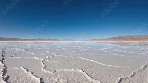 Expansive salt flat landscape under a clear blue sky with distant mountains.