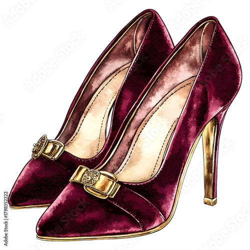 Watercolor Vintage Burgundy Velvet High Heel Pumps with Gold Buckle Vector Illustration
