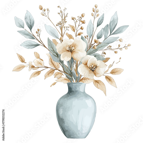 Watercolor Beige Flowers Arrangement in Blue-Grey Vase Vector Illustration
