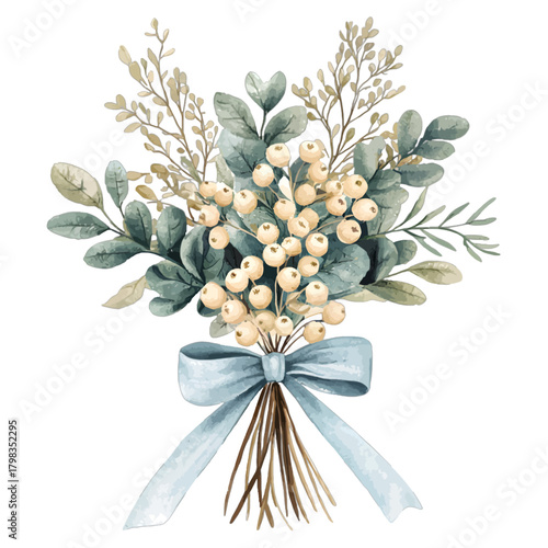 Watercolor Eucalyptus and Mistletoe Berries Bouquet with Blue Ribbon Bow Vector
