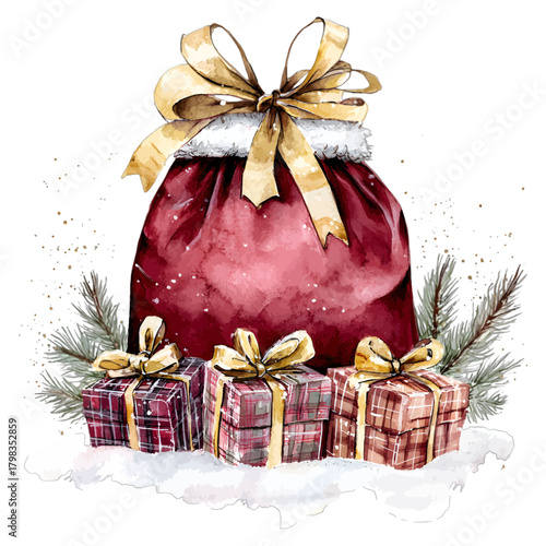 Watercolor Santa's Red Gift Sack with Plaid Presents and Pine Branches Vector Illustration

