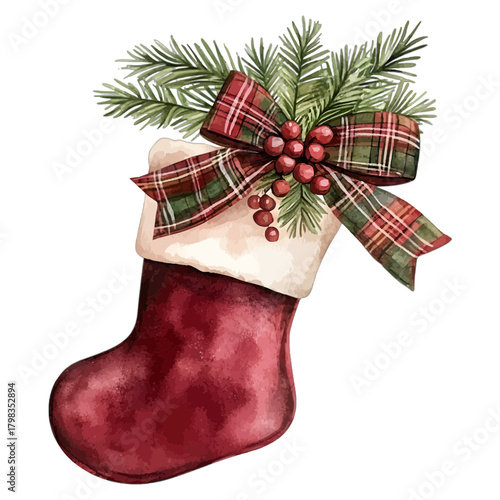 Watercolor Christmas Stocking with Red and Green Tartan Bow and Pine Branches Vector

