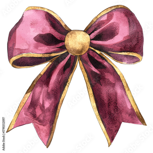 Watercolor Burgundy Velvet Ribbon Bow with Gold Trim Vector Illustration
