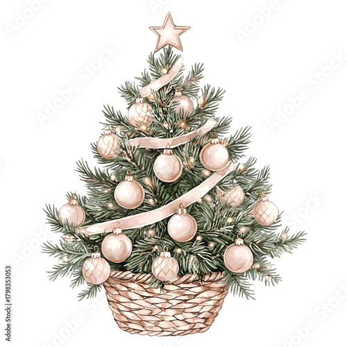 Watercolor Christmas Tree in Wicker Basket with Neutral Tone Ornaments Vector Illustration
