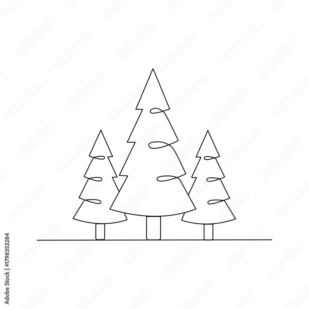 Fototapeta premium Minimalist Set of Pine Trees with Gifts Line art. line drawing. Illustration