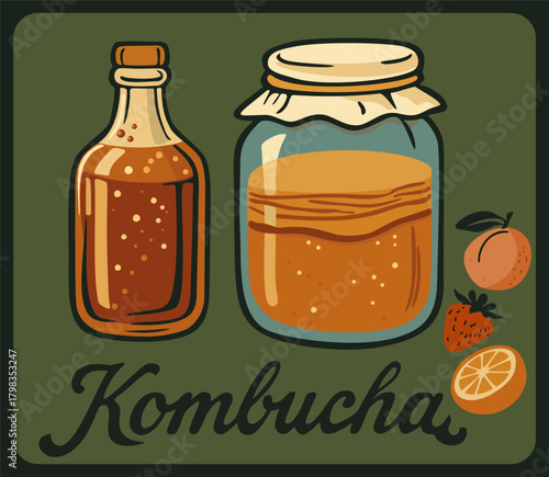Kombucha tea retro vector poster with vintage lettering