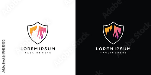 Fire shield logo design template. Shield and fire logo design inspiration for security and fire safety companies.
