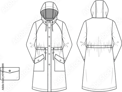 Technical fashion sketch, hooded coat front and back view, zipper closure, flap pockets, drawstring waist, garment construction, apparel illustration