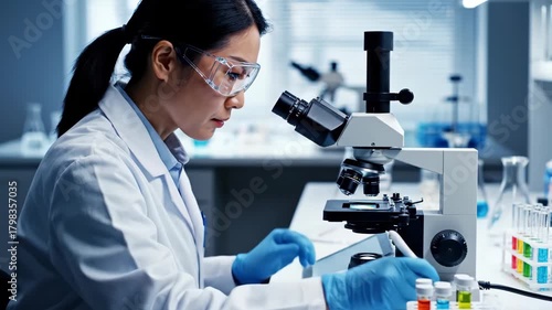 Focused researcher using microscope in a science lab, driving innovative discovery