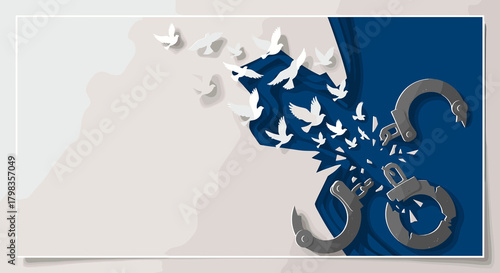 Birds flying from broken handcuffs symbolizing freedom and liberation on a blue and white backdrop for International Day for the Abolition of Slavery