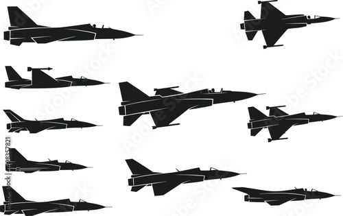 Vector silhouettes of modern fighter jets in multiple angles including top, side, and diagonal views for aviation, military, and aircraft design