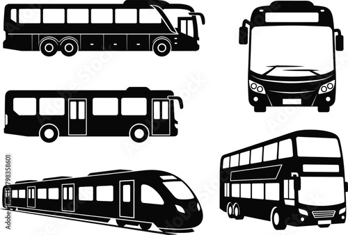 Vector silhouettes of public transport vehicles including coach bus, city bus, double-decker, and passenger train for travel, urban mobility, planning