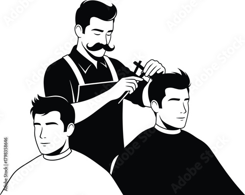 Vintage barbershop scene with mustached barber using scissors to trim customer’s hair while another man waits in classic salon.