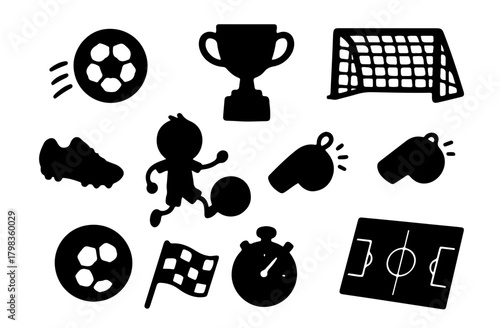 Black Silhouette Soccer Doodle Vector Set