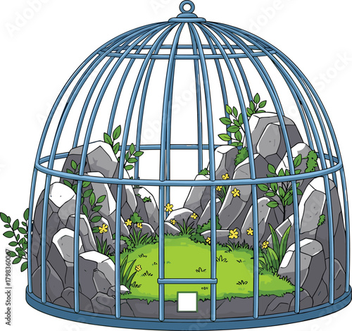 Blue dome birdcage, natural habitat, green grass, yellow flowers, gray rocks, enclosed ecosystem, botanical scene, metal bars, miniature nature, serenity