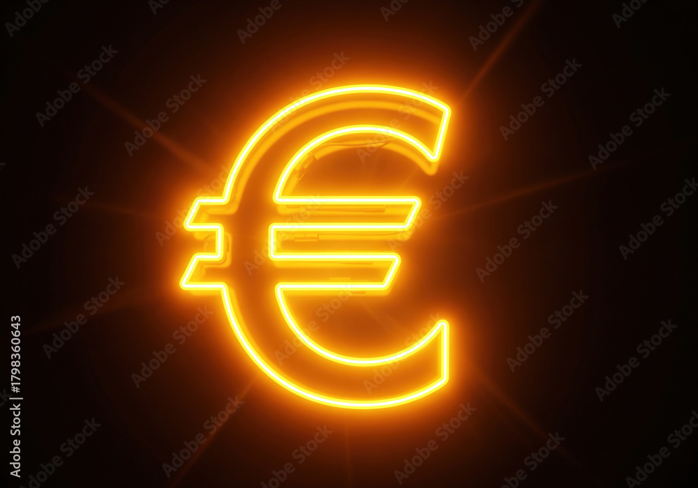 Fototapeta premium A neon yellow Euro (€) currency symbol glowing against a dark background. European economy, finance, cryptocurrency, banking, and trade concepts.