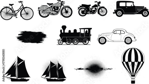 Vintage transportation collection black and white vector illustration with bicycle, motorcycle, classic cars, steam train, sailing ships, and hot air balloon