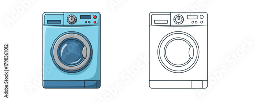 Modern front loading washing machine in blue and gray with control panel details and a black and white outline version beside it on a white background