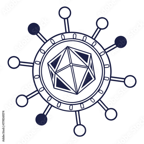 compass and globe Abstract Geometric Polyhedron Core within a Circular Network Connection Icon