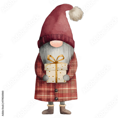 Watercolor Christmas Gnome Holding a Gift Box Vector Illustration

