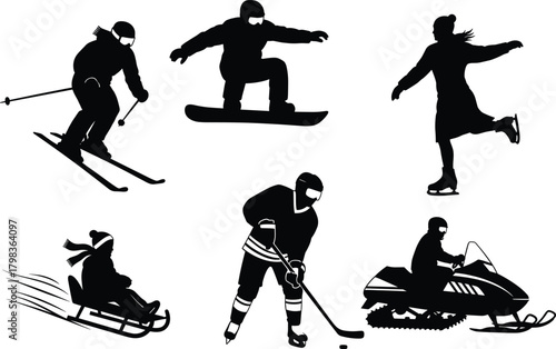 Winter sports silhouette vector illustration of skiing, snowboarding, ice skating, sledding, hockey, and snowmobile activities in black design style